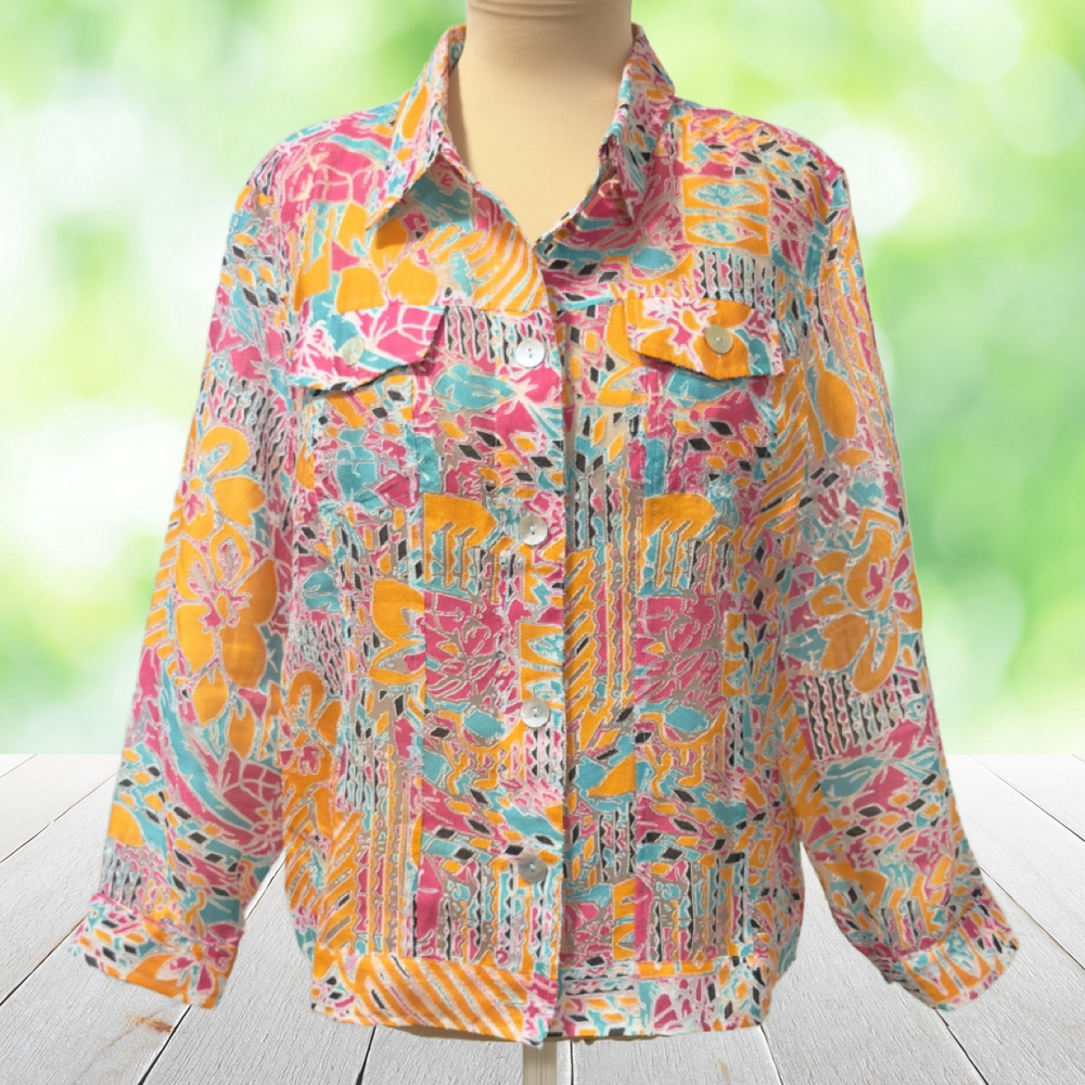 Vintage TRAVELSMITH Shirt Jacket Burnout Abstract Artwear Sheer Shell Buttons M